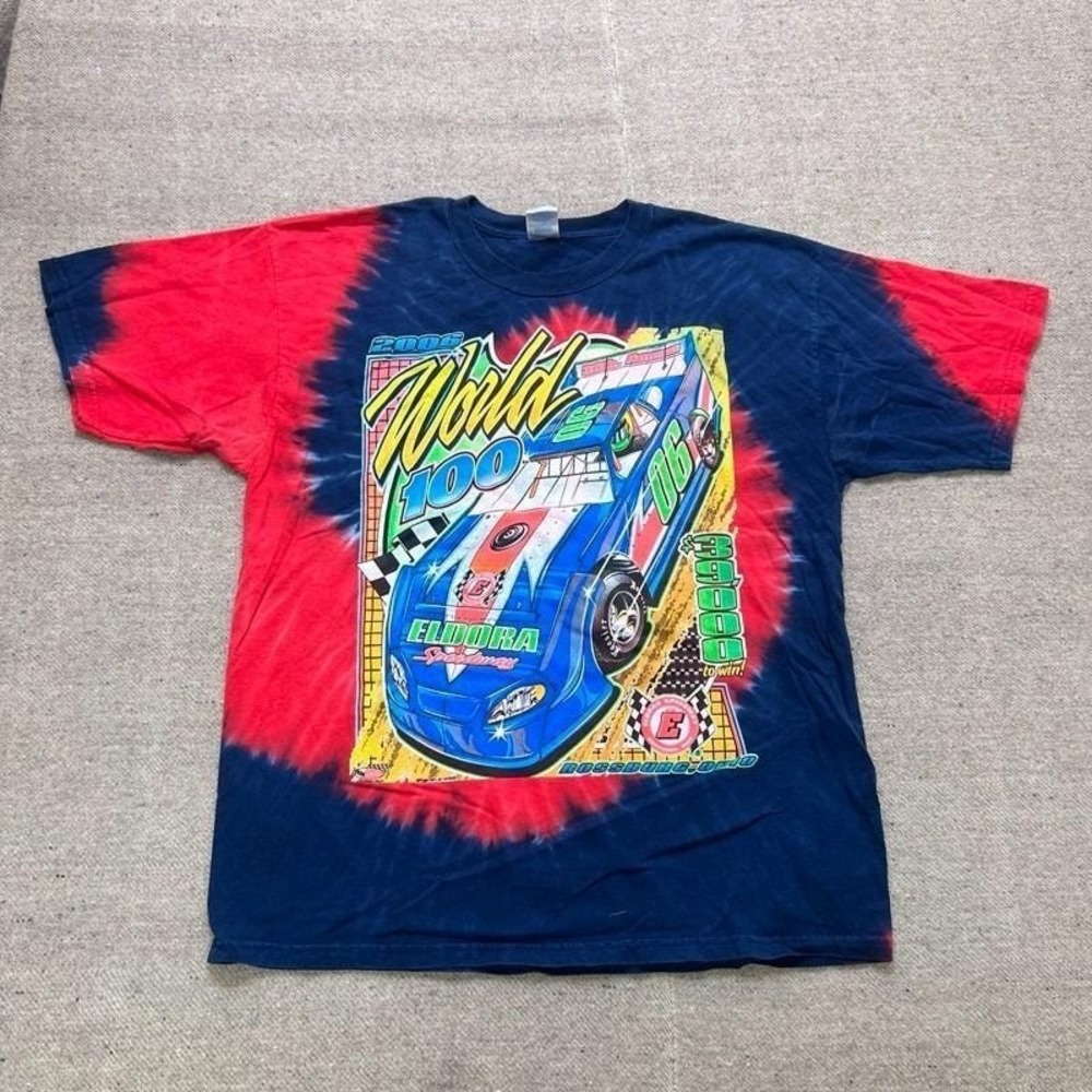 Vintage‎ World 100 Late Model Racing Shirt Mens XL 2000s Tie Dye Racing Cars